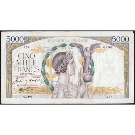F 46-44 - 19/11/1942 - 5000 francs - Victoire modifié 2 - Série Q.1106 - Etat : TTB-