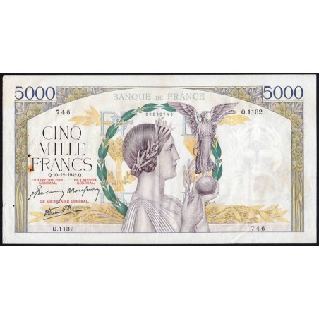 F 46-45 - 10/12/1942 - 5000 francs - Victoire modifié 2 - Série Q.1132 - Etat : TTB