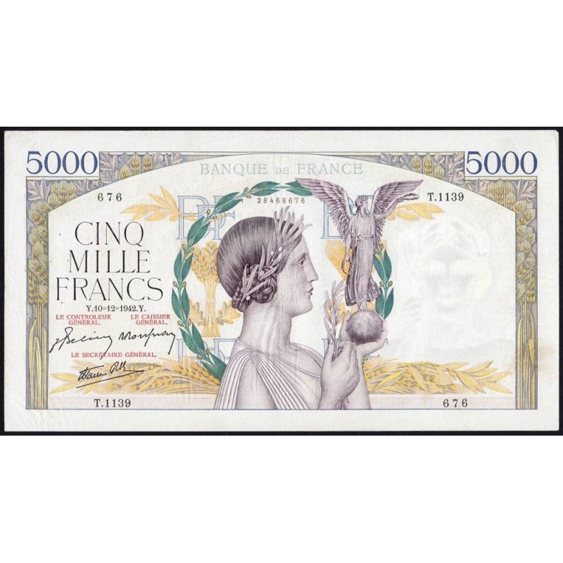 F 46-45 - 10/12/1942 - 5000 francs - Victoire modifié 2 - Série T.1139 - Etat : TTB