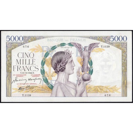 F 46-45 - 10/12/1942 - 5000 francs - Victoire modifié 2 - Série T.1139 - Etat : TTB