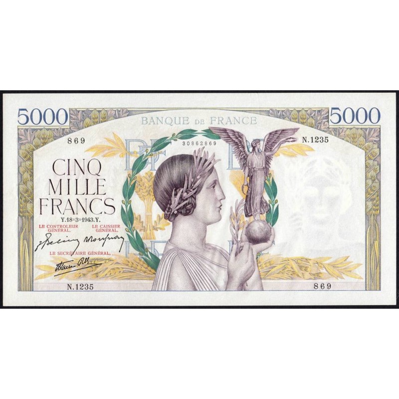 F 46-49 - 18/03/1943 - 5000 francs - Victoire modifié 2 - Série N.1235 - Etat : SUP+