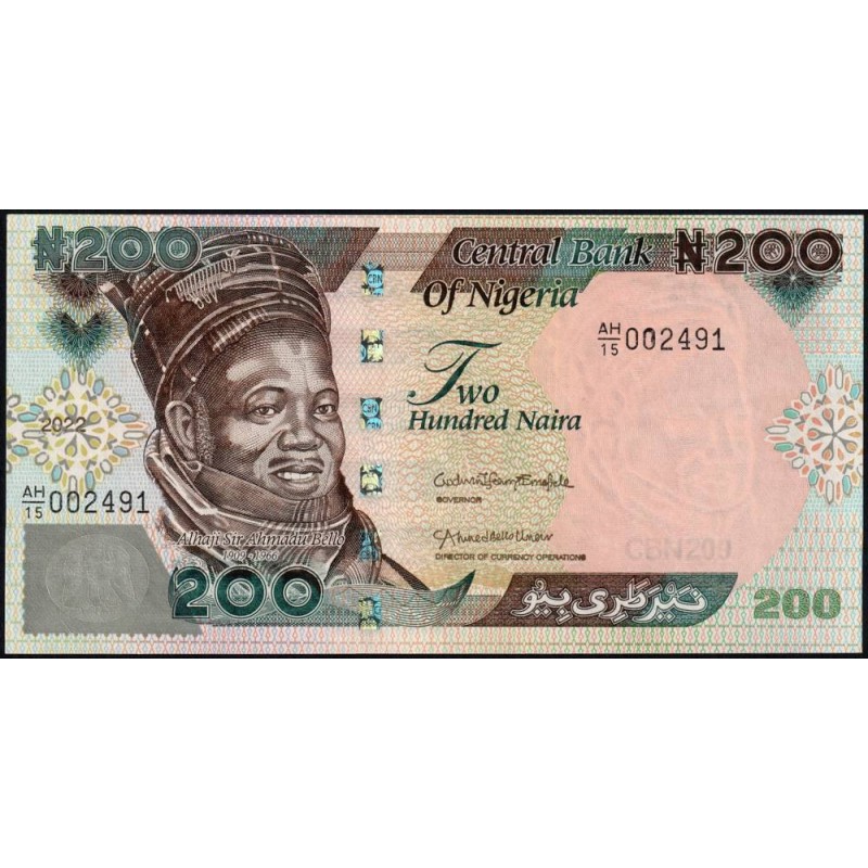 Nigéria - Pick 29v - 200 naira - Série AH/15 - 2022 - Etat : SPL+