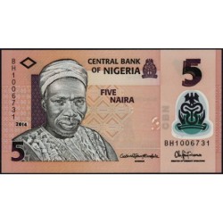 Nigéria - Pick 38e - 5 naira - Série BH - 2014 - Polymère - Etat : NEUF