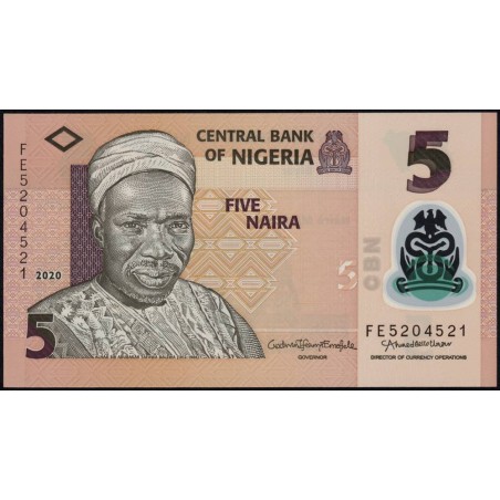 Nigéria - Pick 38k - 5 naira - Série FE - 2020 - Polymère - Etat : NEUF