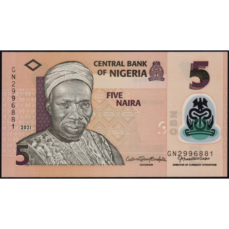 Nigéria - Pick 38l - 5 naira - Série GN - 2021 - Polymère - Etat : NEUF