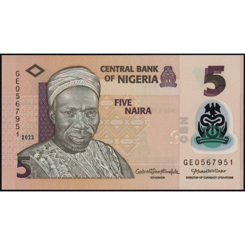 Nigéria - Pick 38m - 5 naira - Série GE - 2022 - Polymère - Etat : NEUF