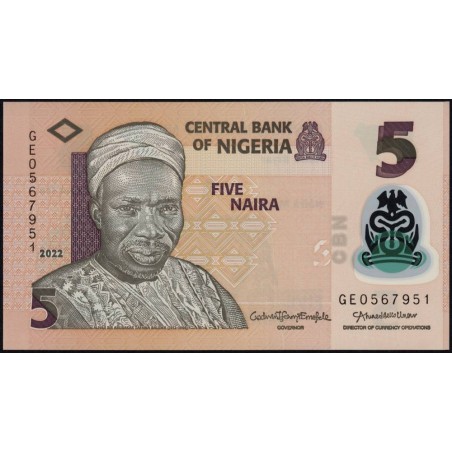 Nigéria - Pick 38m - 5 naira - Série GE - 2022 - Polymère - Etat : NEUF
