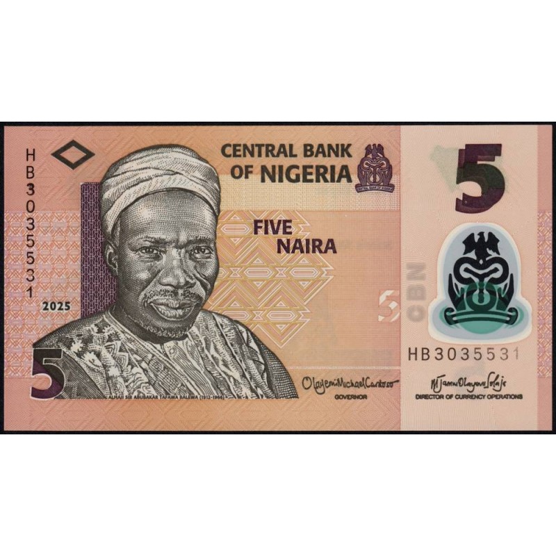 Nigéria - Pick 38o_1 - 5 naira - Série HB - 2025 - Polymère - Etat : NEUF