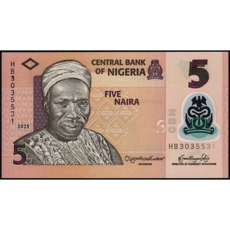 Nigéria - Pick 38o_1 - 5 naira - Série HB - 2025 - Polymère - Etat : NEUF