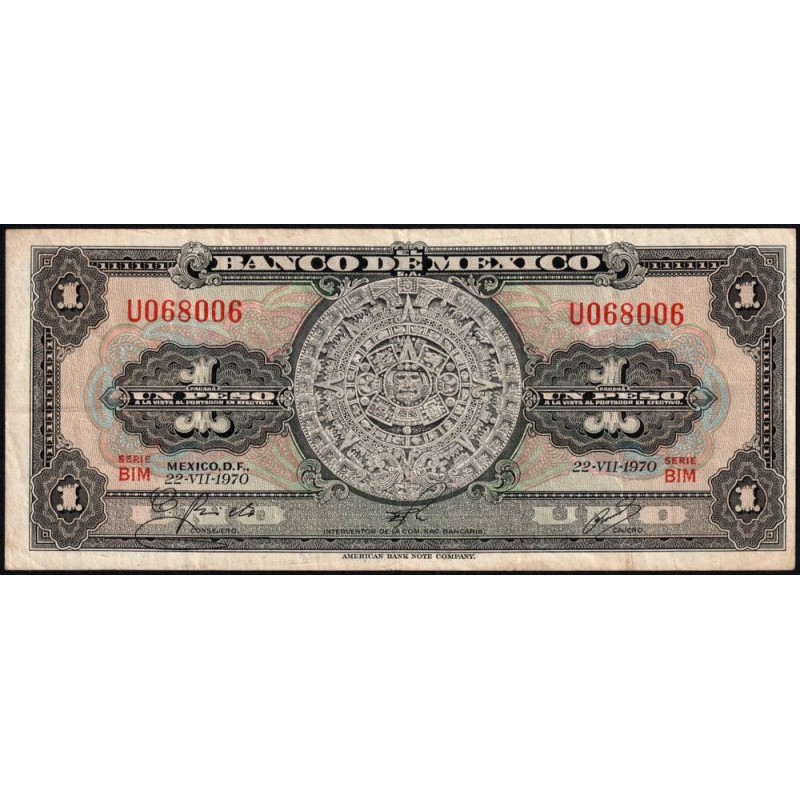 Mexique - Pick 59l - 1 peso - Série BIM - Préfixe S - 22/07/1970 - Etat : TB