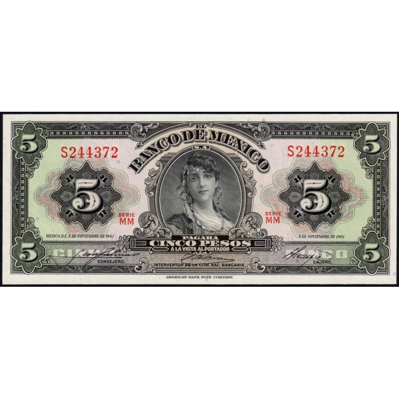 Mexique - Pick 60g - 5 pesos - Série MM - Préfixe S - 08/11/1961 - Etat : NEUF