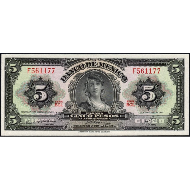 Mexique - Pick 60j - 5 pesos - Série BGL - Préfixe F - 19/11/1969 - Etat : NEUF