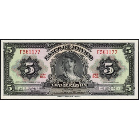 Mexique - Pick 60j - 5 pesos - Série BGL - Préfixe F - 19/11/1969 - Etat : NEUF
