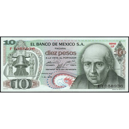 Mexique - Pick 63b_1 - 10 pesos - Série 1F - Préfixe F - 03/12/1969 - Etat : NEUF