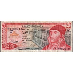 Mexique - Pick 64b_6 - 20 pesos - Série AY - Préfixe Y - 18/07/1973 - Etat : TB