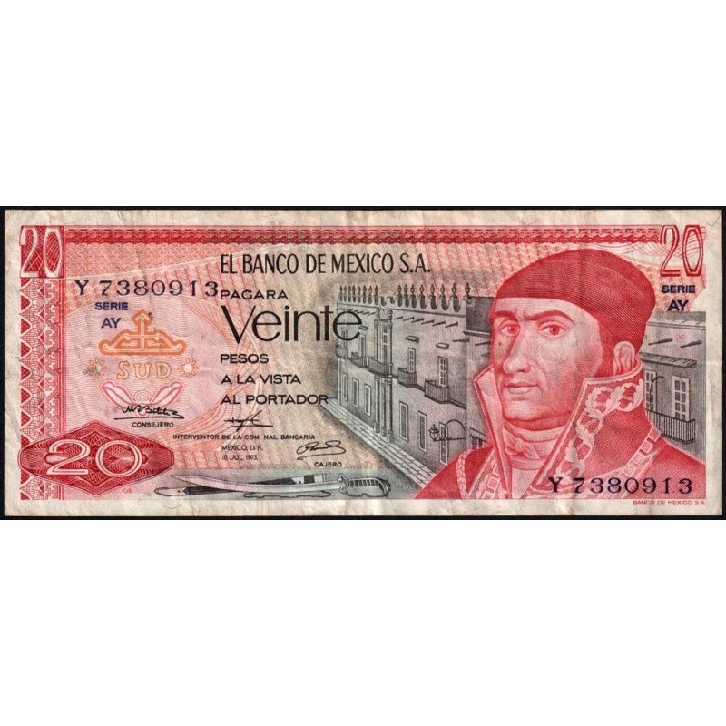 Mexique - Pick 64b_6 - 20 pesos - Série AY - Préfixe Y - 18/07/1973 - Etat : TB