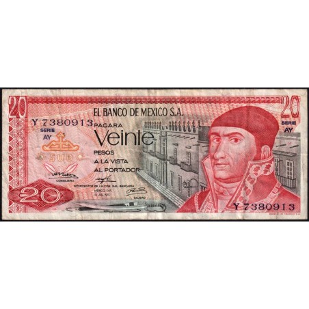Mexique - Pick 64b_6 - 20 pesos - Série AY - Préfixe Y - 18/07/1973 - Etat : TB