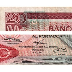 Mexique - Pick 64b_6 - 20 pesos - Série AY - Préfixe Y - 18/07/1973 - Etat : TB