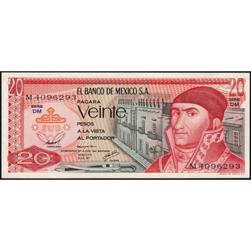 Mexique - Pick 64d_4 - 20 pesos - Série DM - Préfixe M - 08/07/1977 - Etat : NEUF