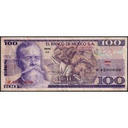 Mexique - Pick 66b - 100 pesos - Série JJ - Préfixe W - 05/07/1978 - Etat : TB+