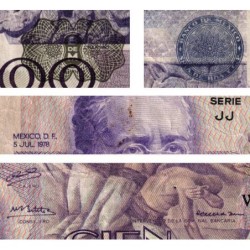 Mexique - Pick 66b - 100 pesos - Série JJ - Préfixe W - 05/07/1978 - Etat : TB+
