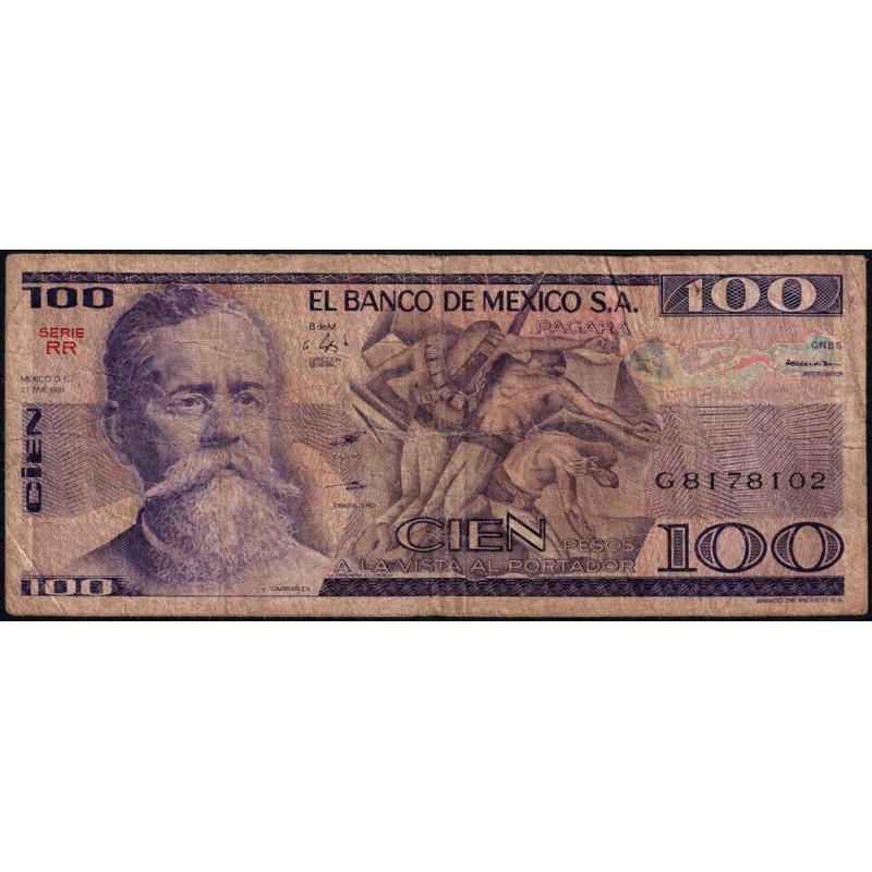 Mexique - Pick 74a - 100 pesos - Série RR - Préfixe G - 27/01/1981 - Etat : B+ à TB-