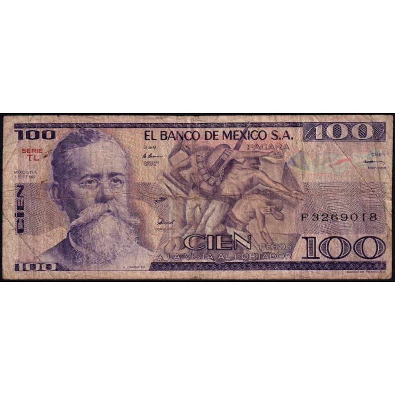 Mexique - Pick 74b - 100 pesos - Série TL - Préfixe F - 03/09/1981 - Etat : B+ à TB-