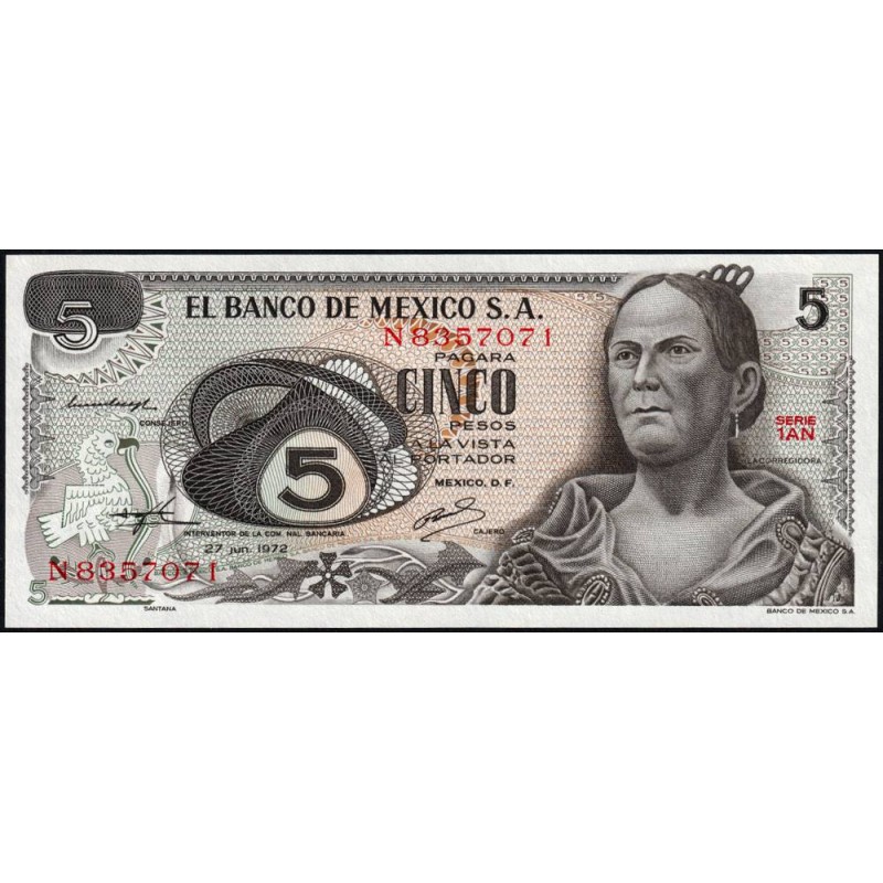 Mexique - Pick 62c_1 - 5 pesos - Série 1AN - Préfixe N - 27/06/1972 - Etat : NEUF
