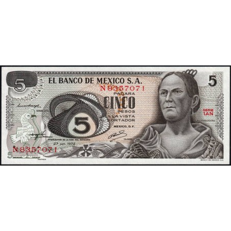 Mexique - Pick 62c_1 - 5 pesos - Série 1AN - Préfixe N - 27/06/1972 - Etat : NEUF
