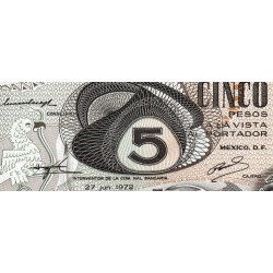 Mexique - Pick 62c_1 - 5 pesos - Série 1AW - Préfixe W - 27/06/1972 - Etat : NEUF