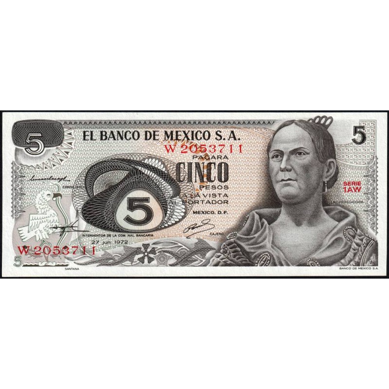 Mexique - Pick 62c_1 - 5 pesos - Série 1AW - Préfixe W - 27/06/1972 - Etat : NEUF
