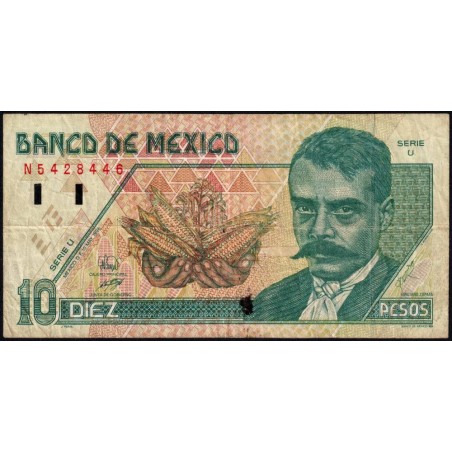 Mexique - Pick 105b - 10 pesos - Série U - Préfixe N - 10/03/1996 - Etat : TB-