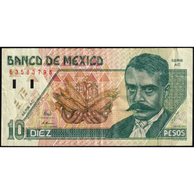 Mexique - Pick 105b - 10 pesos - Série AC - Préfixe E - 10/03/1996 - Etat : TB+