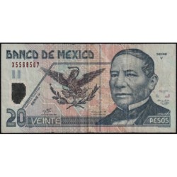 Mexique - Pick 116d_1 - 20 pesos - Série V - Préfixe X - 23/05/2003 - Polymère - Etat : B+