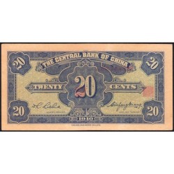 Chine - Central Bank of China - Pick 227a - 20 cents - Série B L - 1940 - Etat : SUP