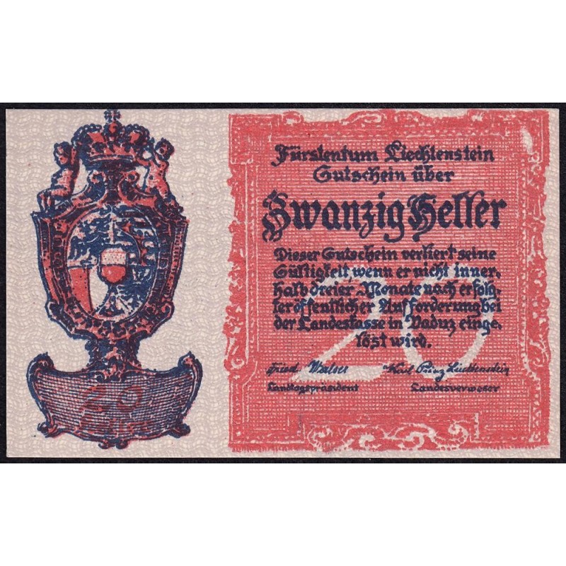 Liechtenstein - Pick 2 - 20 heller - 1920 - Etat : NEUF