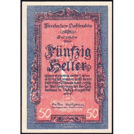Liechtenstein - Pick 3 - 50 heller - 1920 - Etat : NEUF