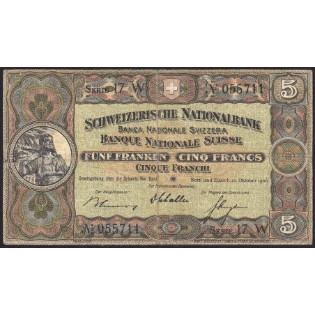 Suisse - Pick 11h_2 - 5 francs - Série 17 W - 22/10/1936 - Etat : TB+