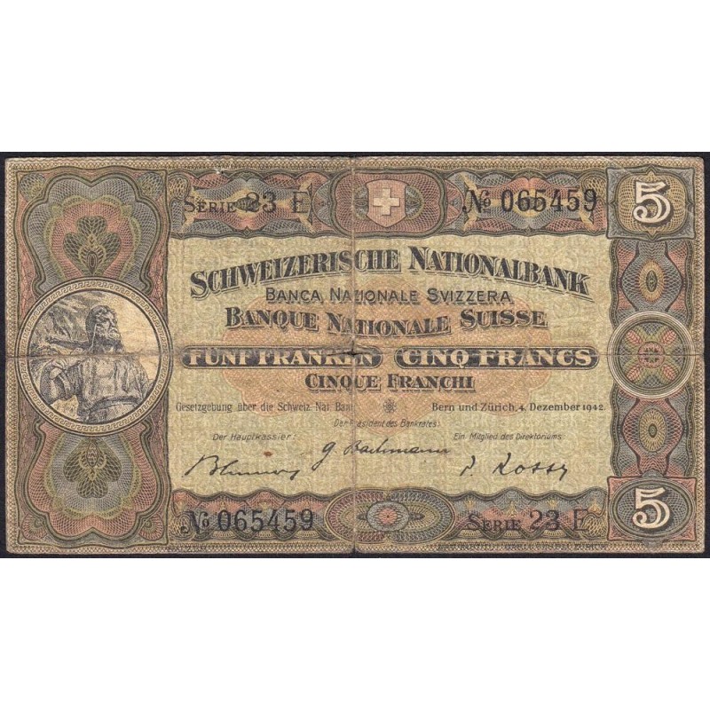 Suisse - Pick 11j_1 - 5 francs - Série 23 E - 04/12/1942 - Etat : TB-