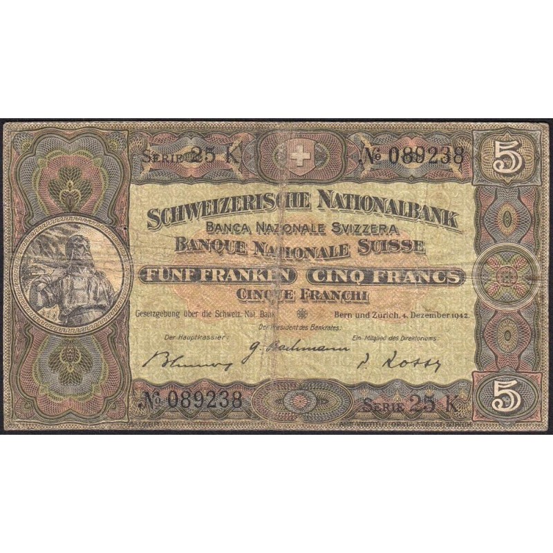 Suisse - Pick 11j_1 - 5 francs - Série 25 K - 04/12/1942 - Etat : B+