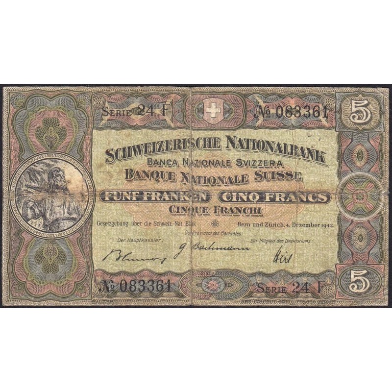 Suisse - Pick 11j_3 - 5 francs - Série 24 F - 04/12/1942 - Etat : TB-