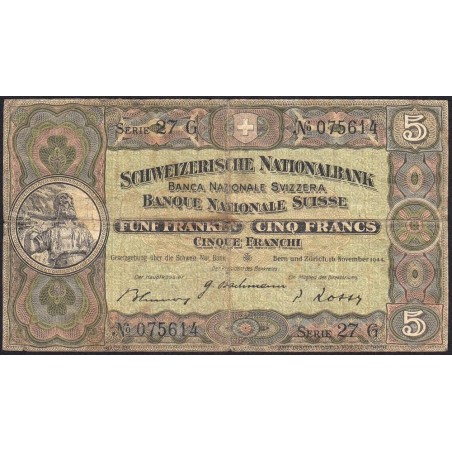 Suisse - Pick 11k_1 - 5 francs - Série 27 G - 16/11/1944 - Etat : B+