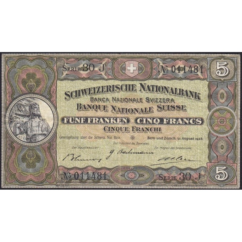 Suisse - Pick 11l_2 - 5 francs - Série 30 J - 31/08/1946 - Etat : TTB