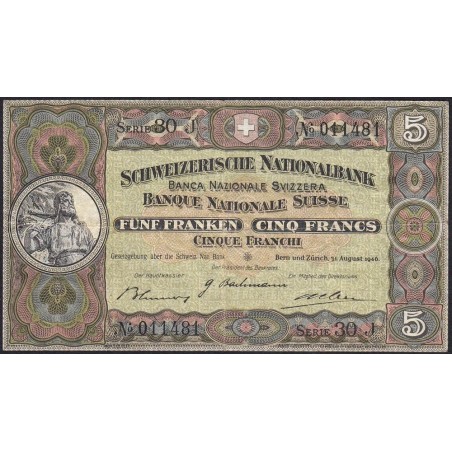 Suisse - Pick 11l_2 - 5 francs - Série 30 J - 31/08/1946 - Etat : TTB