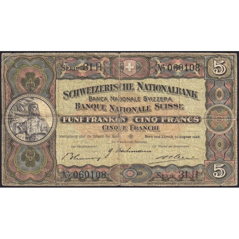 Suisse - Pick 11l_2 - 5 francs - Série 31 H - 31/08/1946 - Etat : TB-