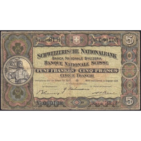 Suisse - Pick 11l_2 - 5 francs - Série 31 H - 31/08/1946 - Etat : TB-