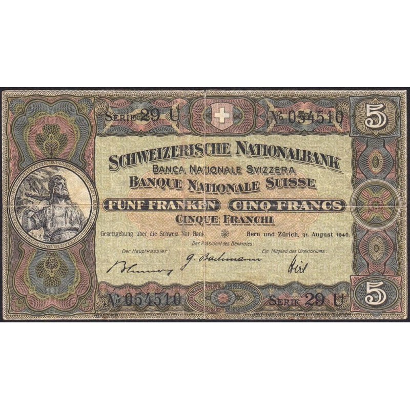 Suisse - Pick 11l_3 - 5 francs - Série 29 U - 31/08/1946 - Etat : TB