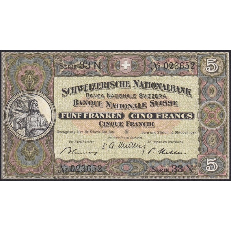 Suisse - Pick 11m_3 - 5 francs - Série 33 N - 16/10/1947 - Etat : SUP-