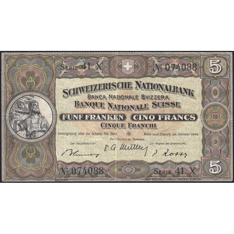 Suisse - Pick 11n_2 - 5 francs - Série 41 X - 20/01/1949 - Etat : TTB