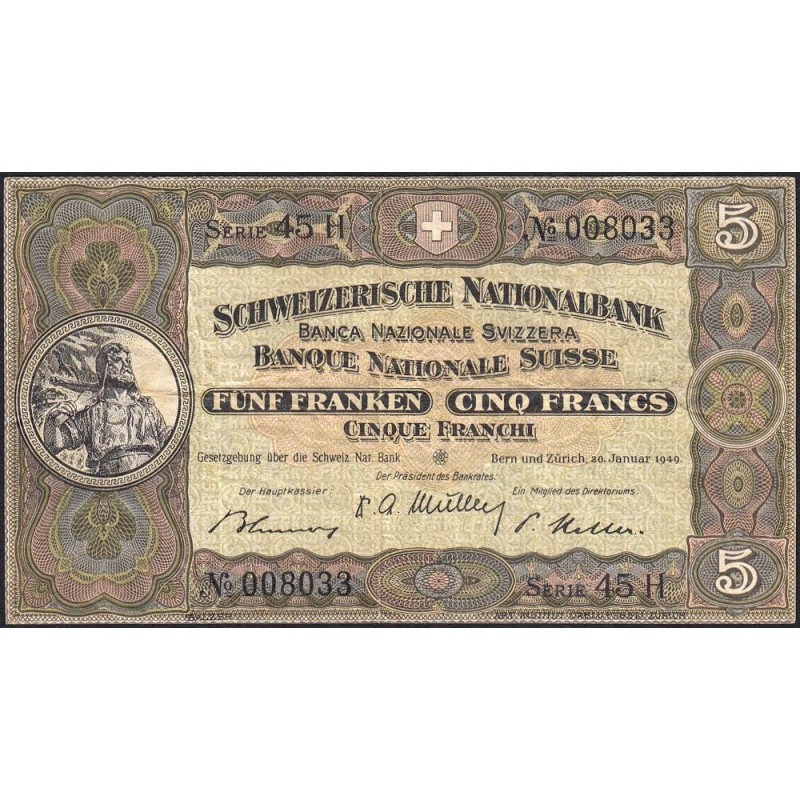 Suisse - Pick 11n_3 - 5 francs - Série 45 H - 20/01/1949 - Etat : TB+